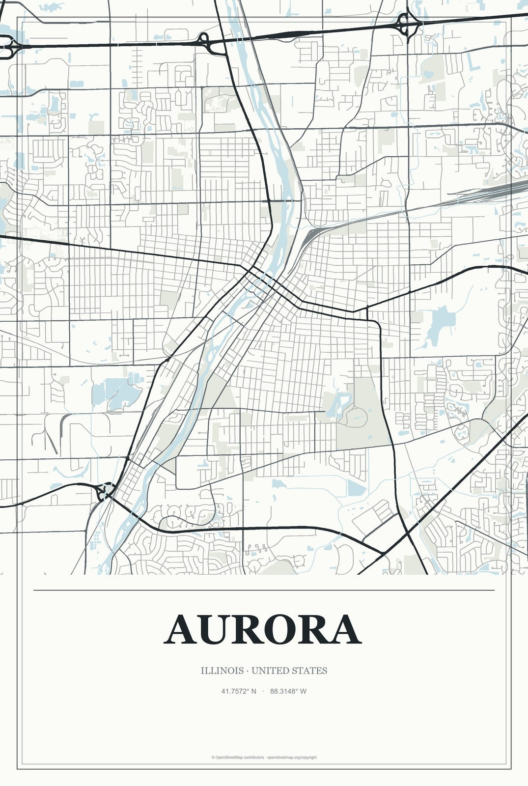 Aurora, Illinois City Map Aluminum Sign in Gallery Air style
