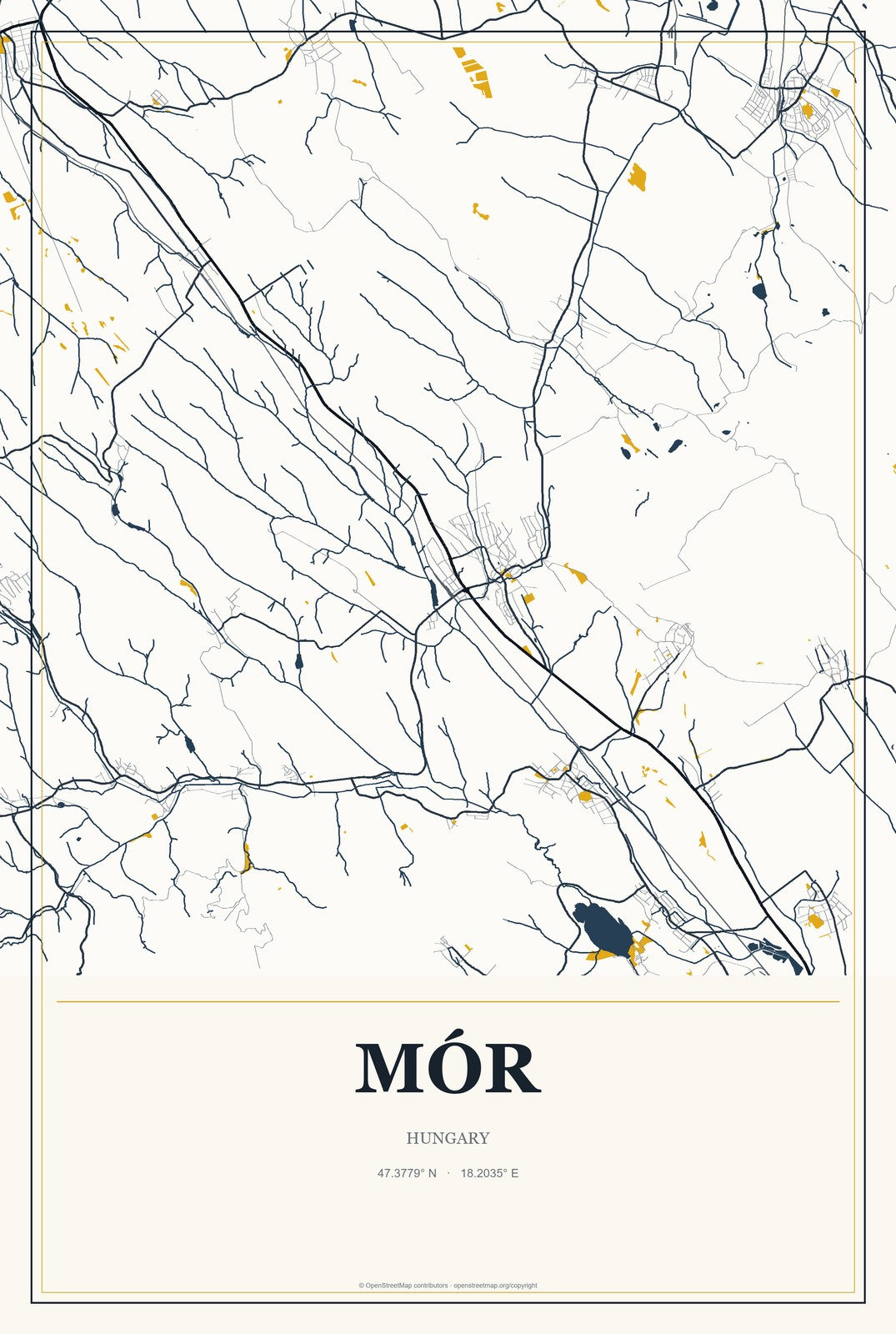 Mór, Hungary City Map Aluminum Sign in Citrine Modern style