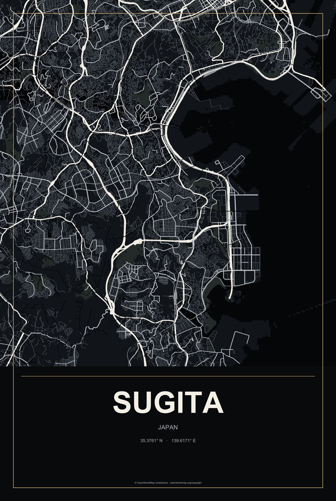 Sugita, Japan City Map Aluminum Sign in Metropolitan Noir style
