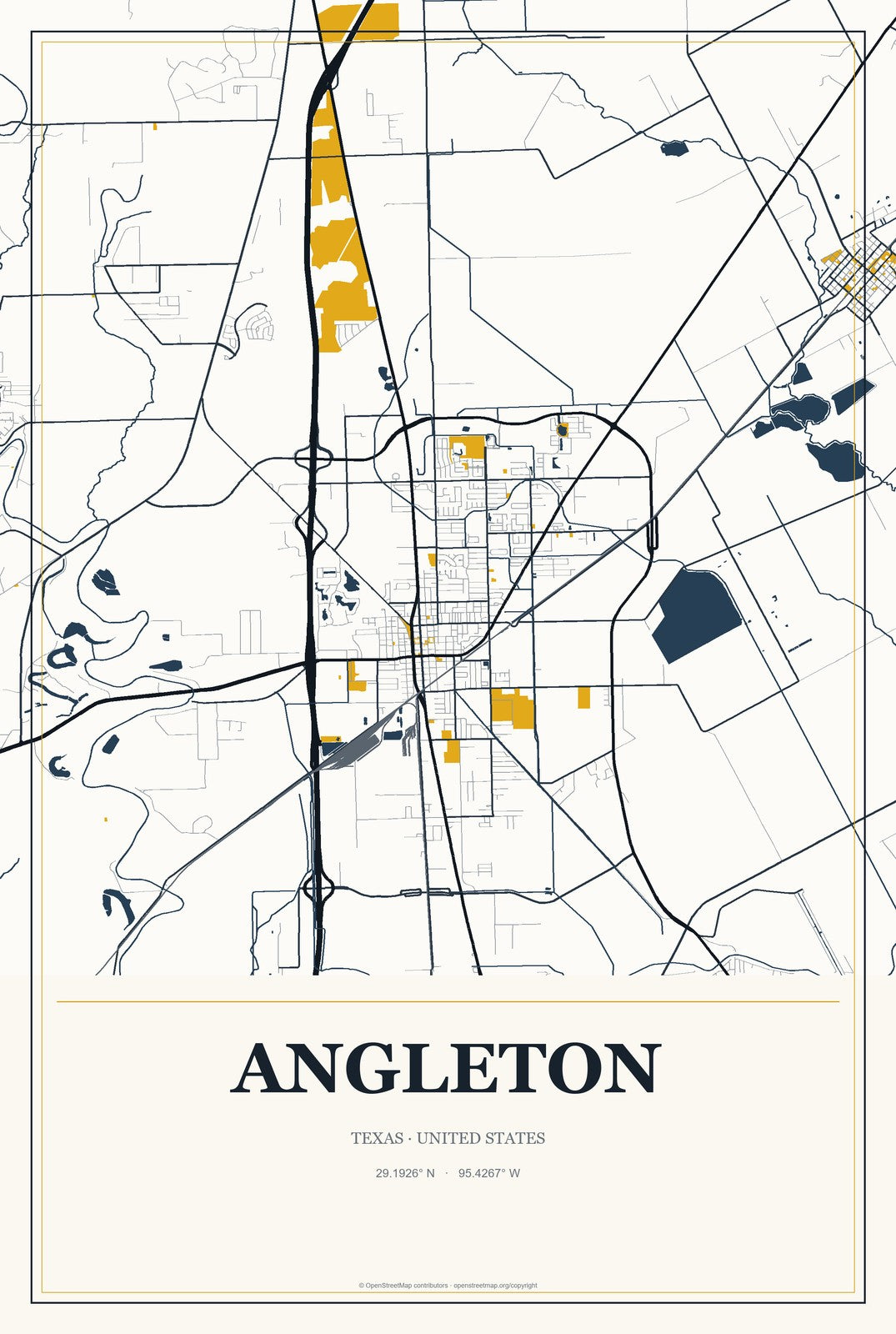 Angleton, Texas City Map Aluminum Sign in Citrine Modern style