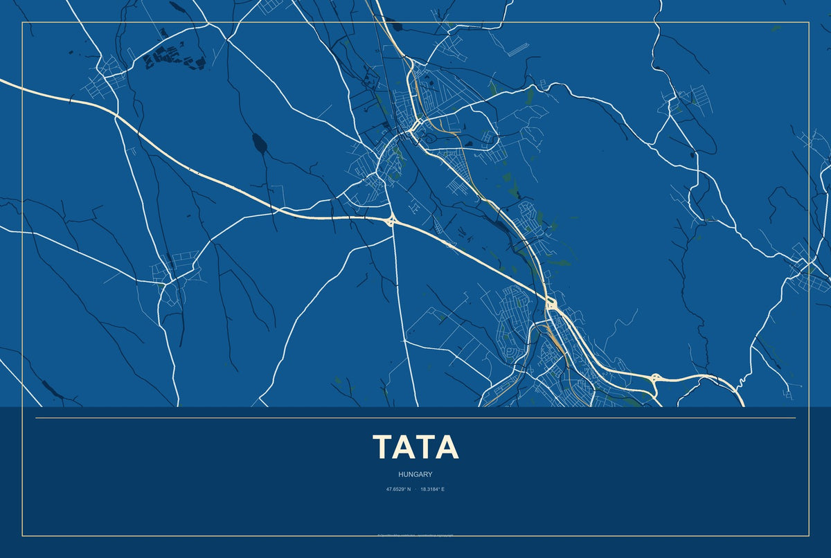 Tata, Hungary City Map Aluminum Sign in Harbor Cobalt style