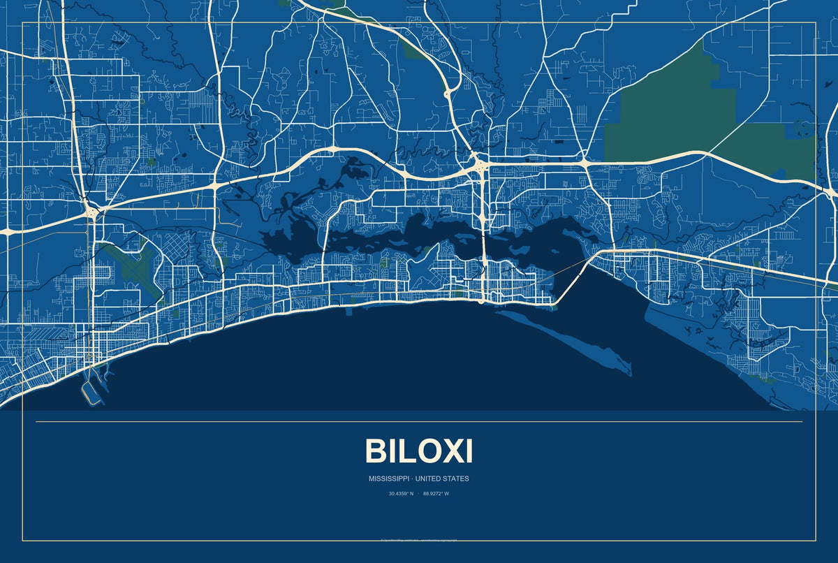 Biloxi, Mississippi City Map Aluminum Sign in Harbor Cobalt style