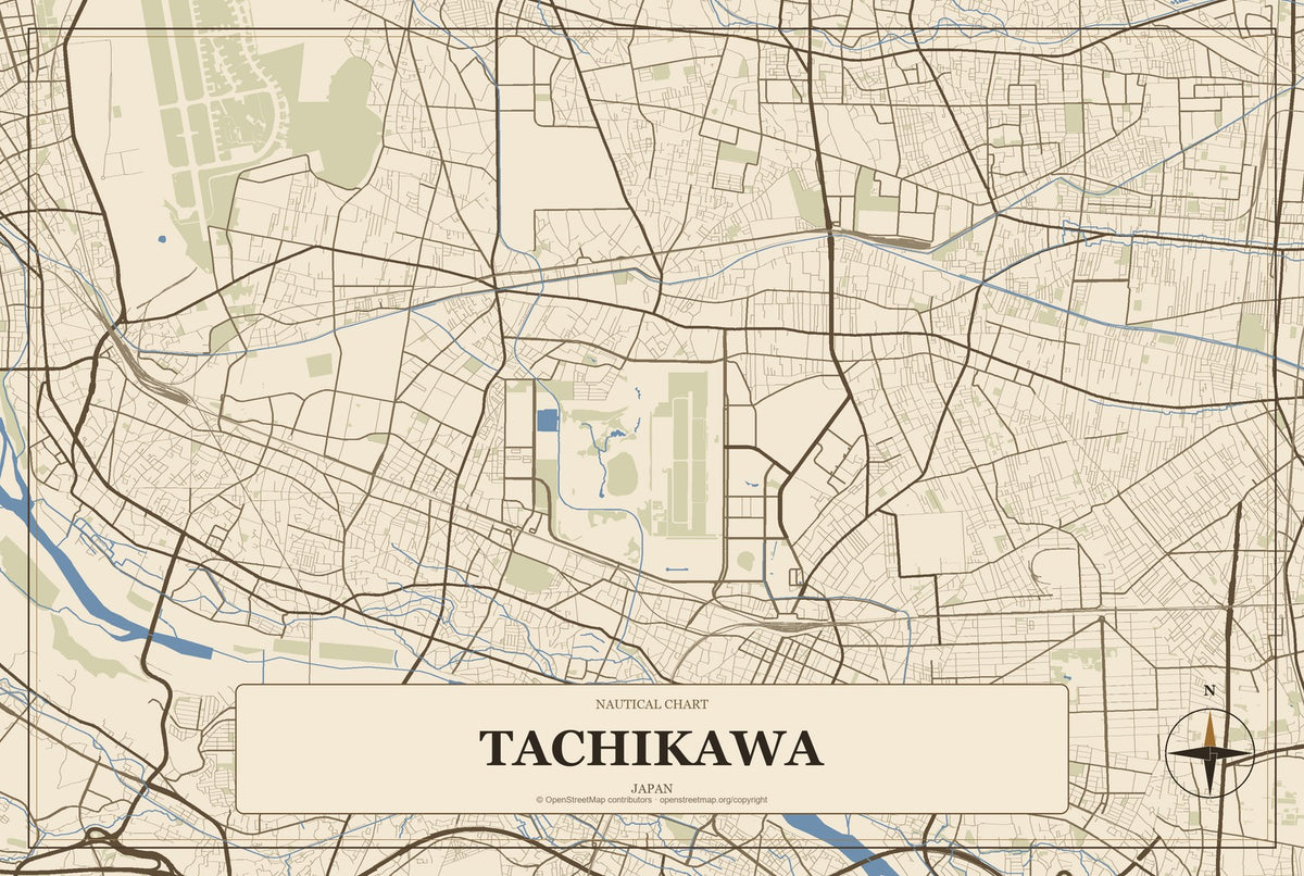 Tachikawa, Japan City Map Aluminum Sign in Heritage Nautical style