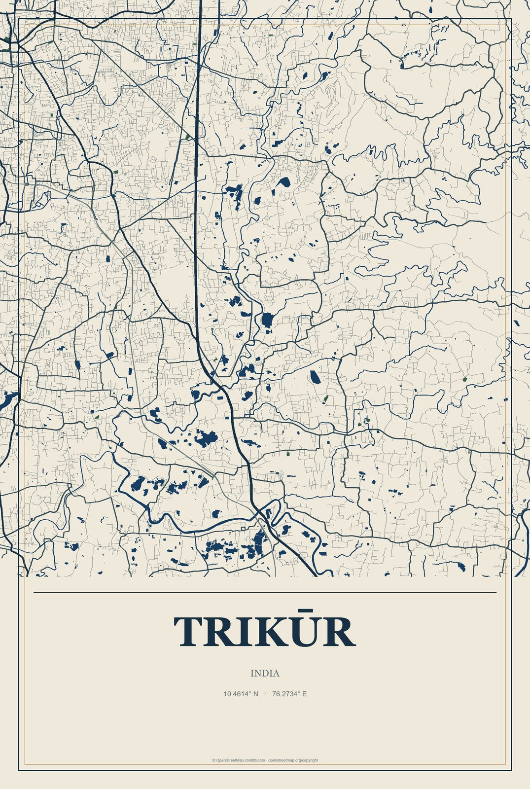 Trikūr, India City Map Aluminum Sign in Coastal Cutout style