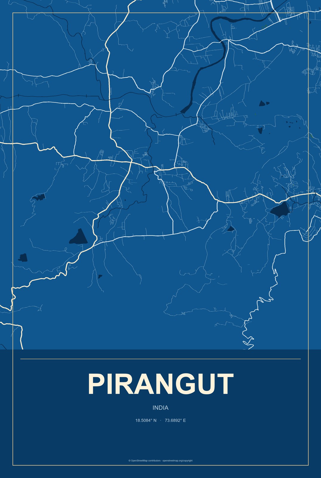Pirangut, India City Map Aluminum Sign in Harbor Cobalt style