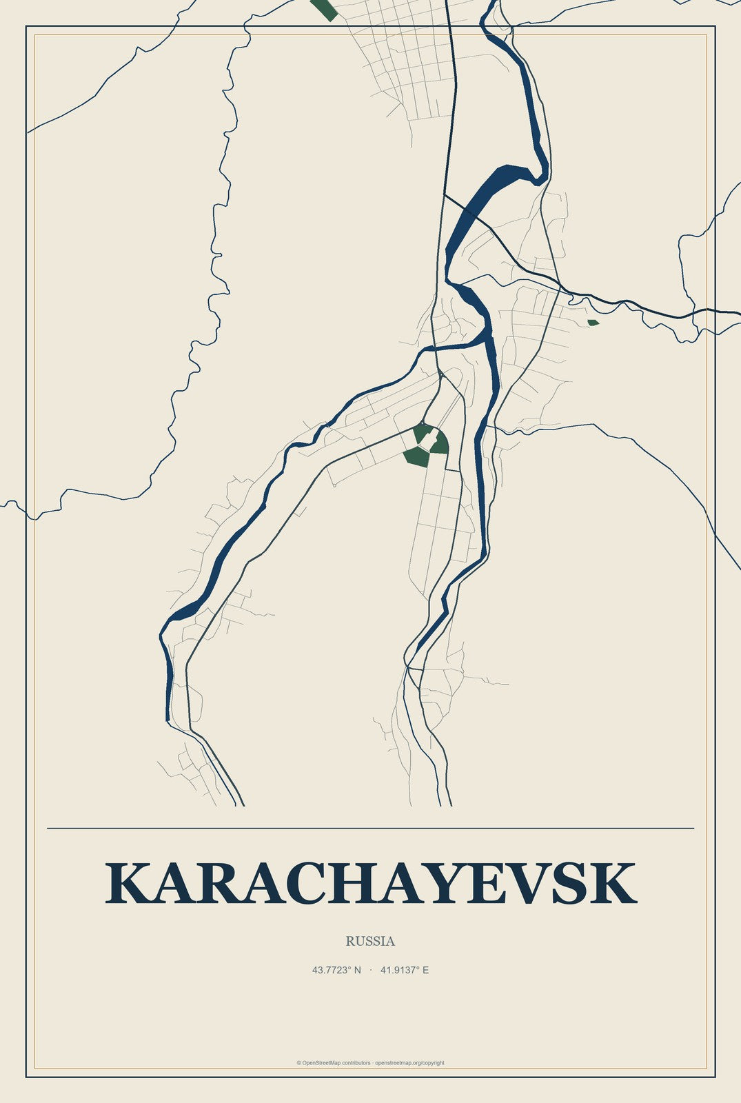 Karachayevsk, Russia City Map Aluminum Sign in Coastal Cutout style