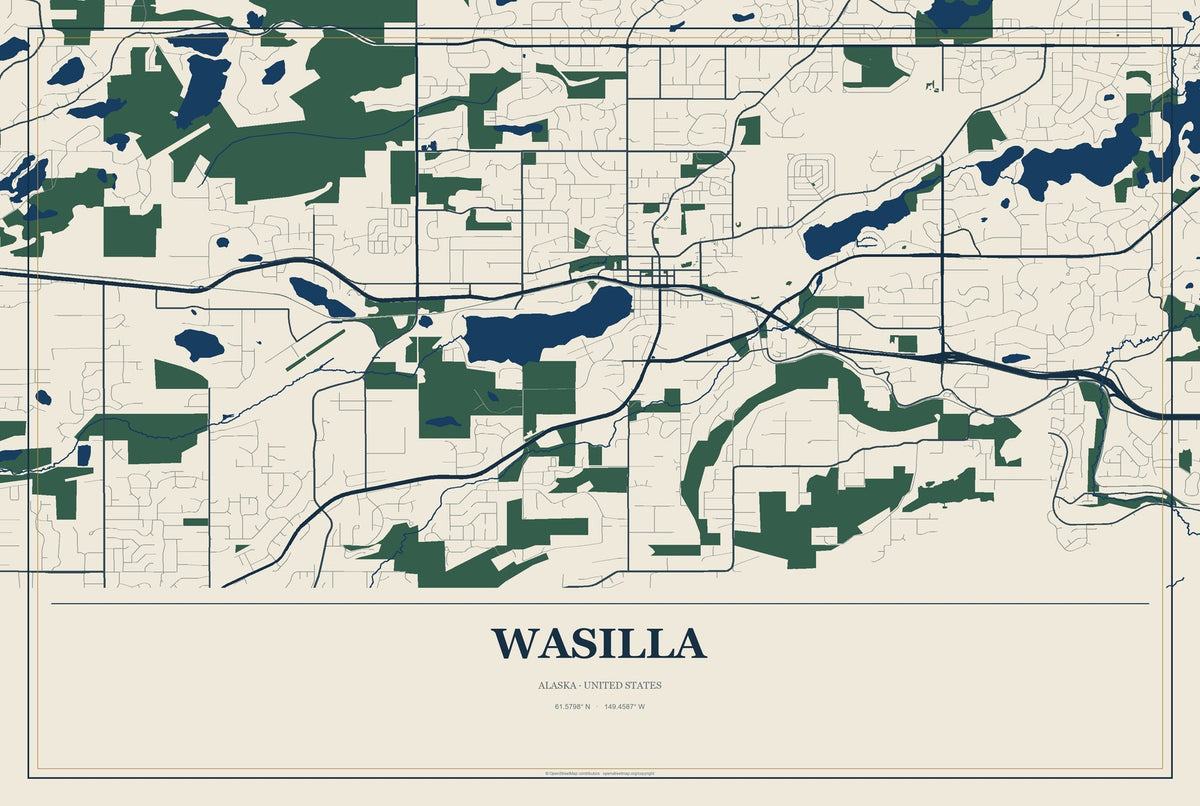 Wasilla, Alaska City Map Aluminum Sign in Coastal Cutout style