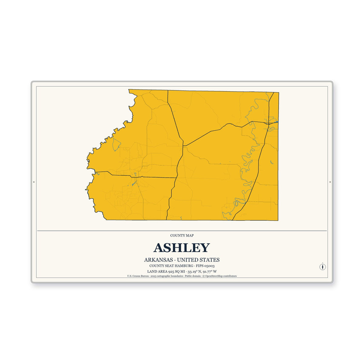Ashley County, Arkansas Map Aluminum Sign in Citrine Modern style