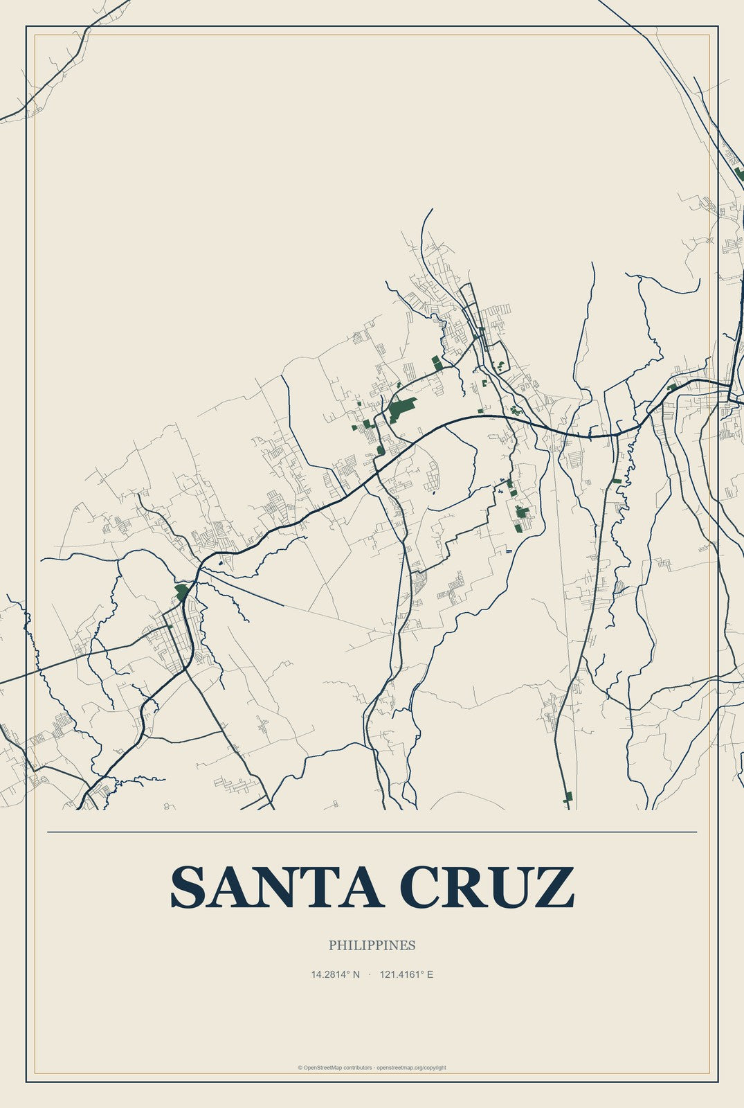 Santa Cruz, Calabarzon, Philippines City Map Aluminum Sign in Coastal Cutout style
