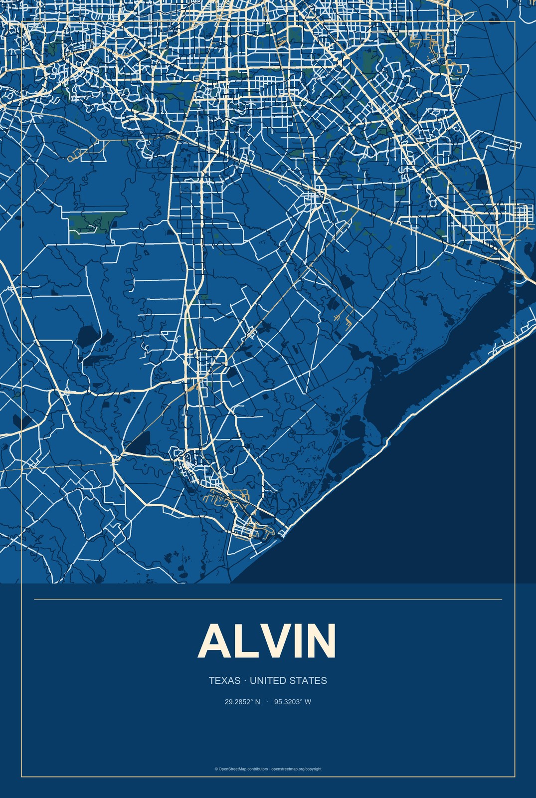 Alvin, Texas City Map Aluminum Sign in Harbor Cobalt style