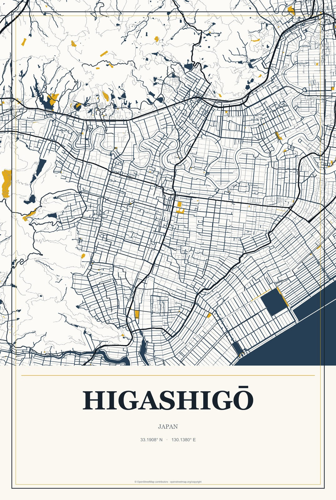 Higashigō, Japan City Map Aluminum Sign in Citrine Modern style