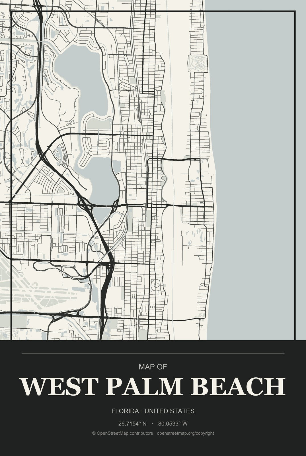 West Palm Beach, Florida City Map Aluminum Sign in Museum Plaque style