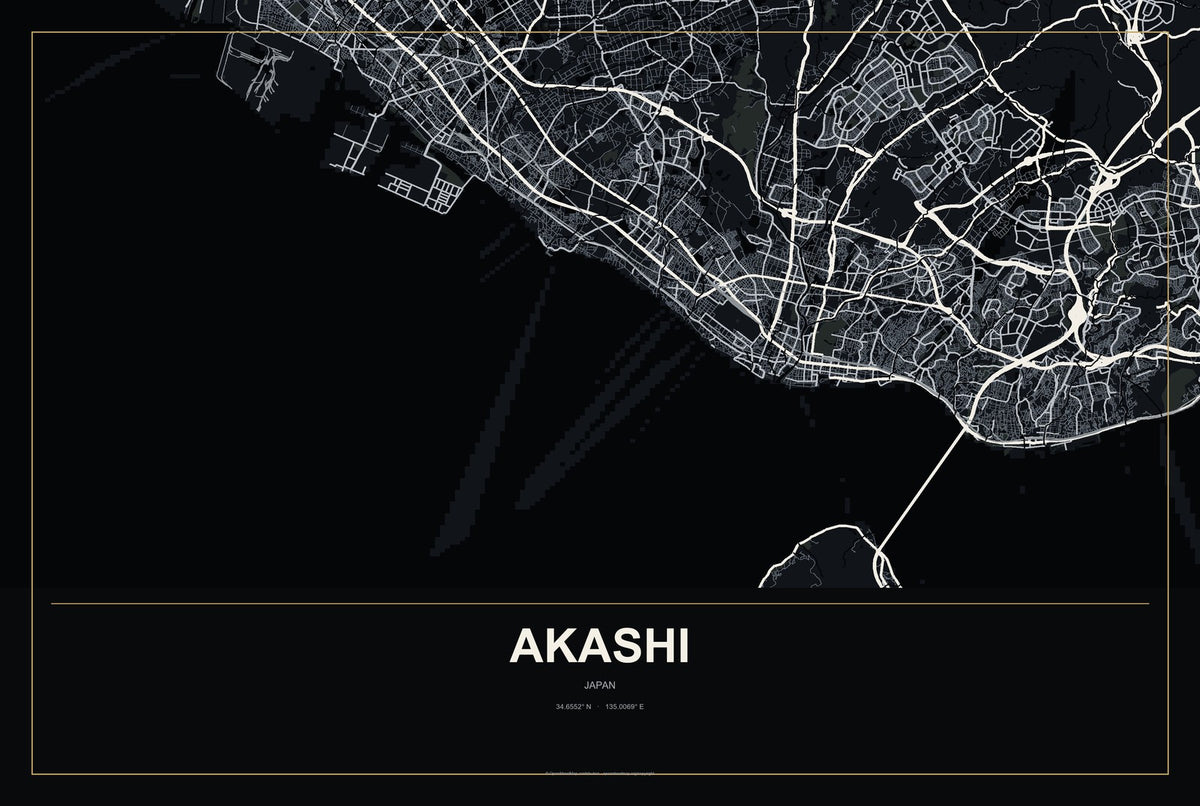 Akashi, Japan City Map Aluminum Sign in Metropolitan Noir style