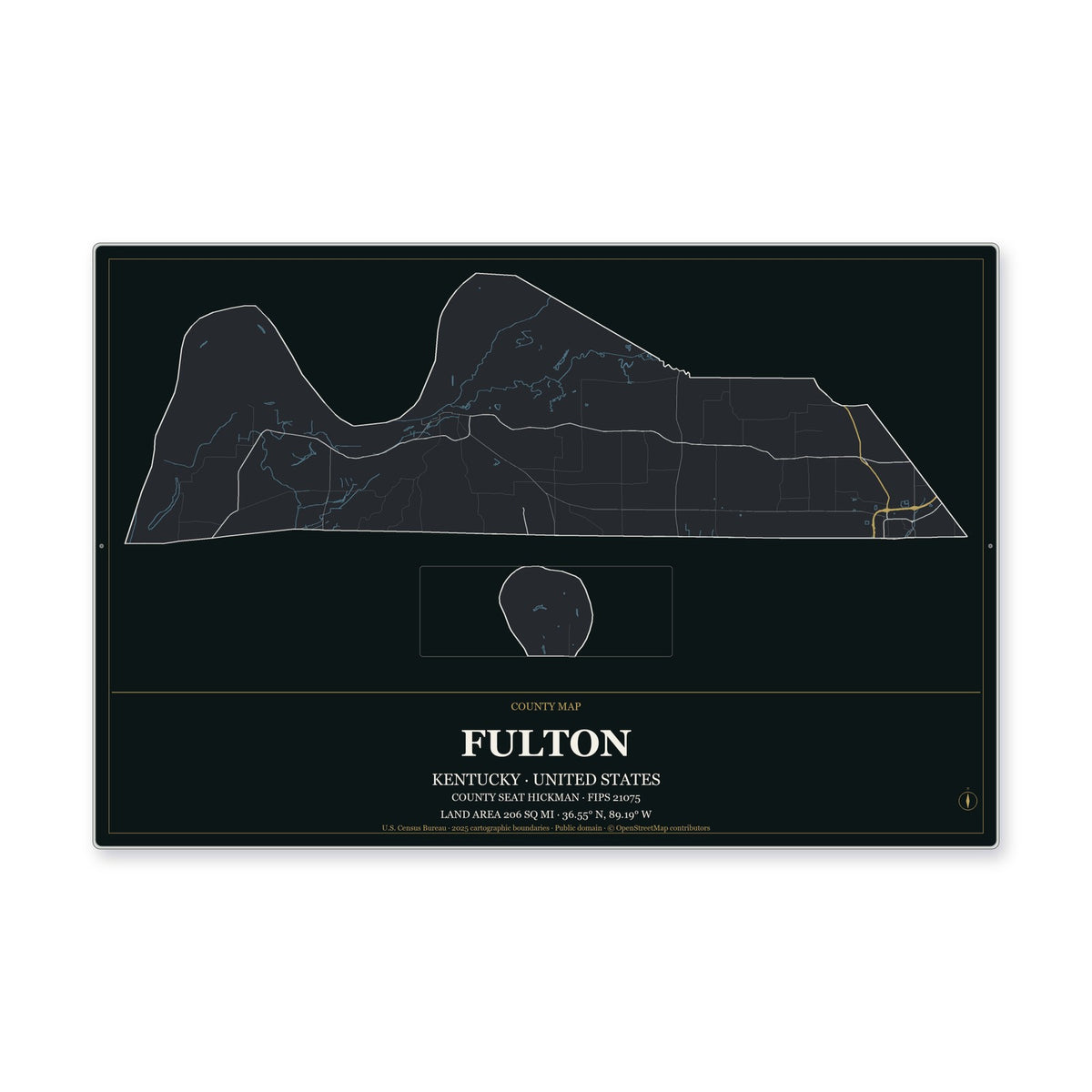 Fulton County, Kentucky Map Aluminum Sign in Metropolitan Noir style