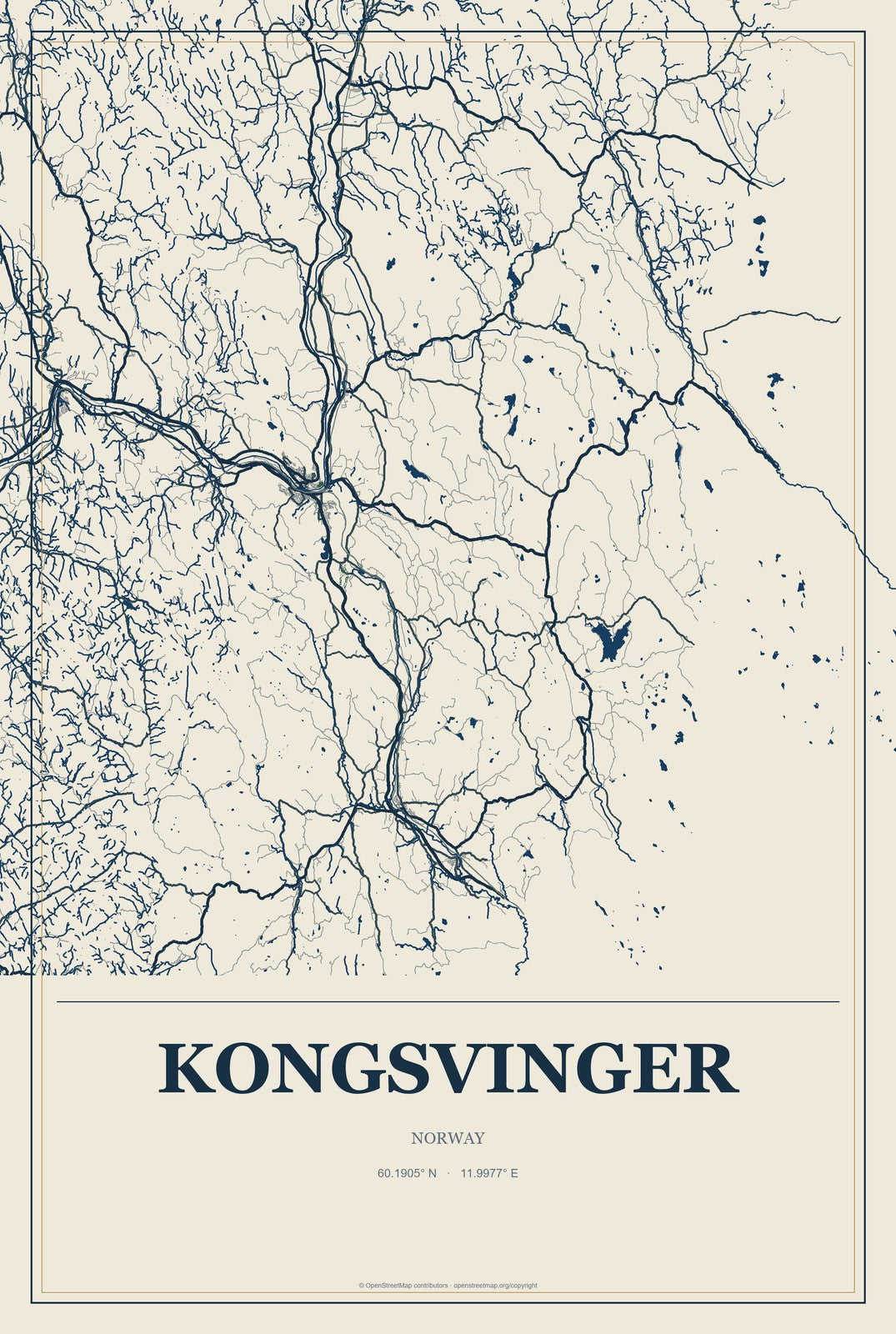 Kongsvinger, Norway City Map Aluminum Sign in Coastal Cutout style