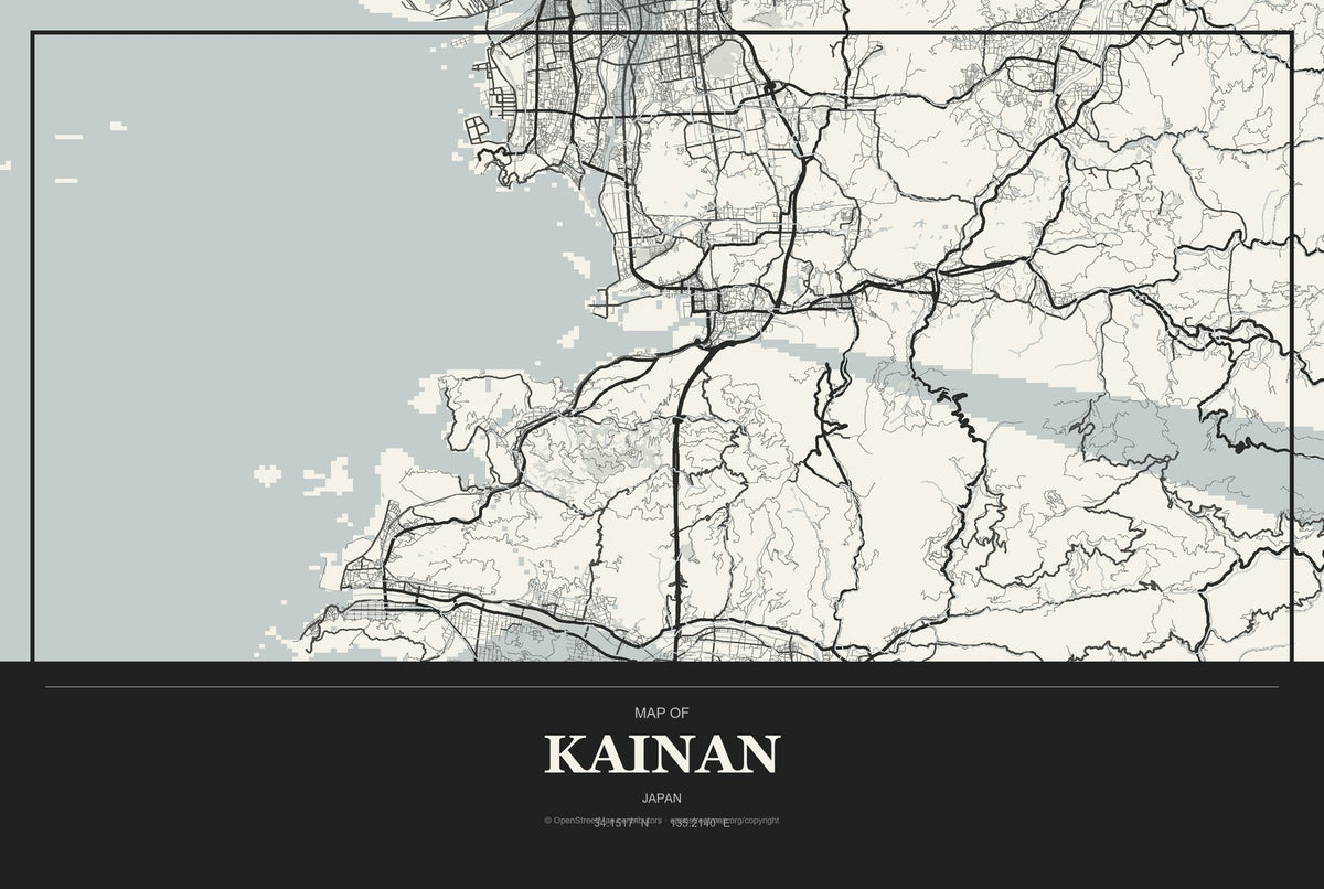 Kainan, Japan City Map Aluminum Sign in Museum Plaque style