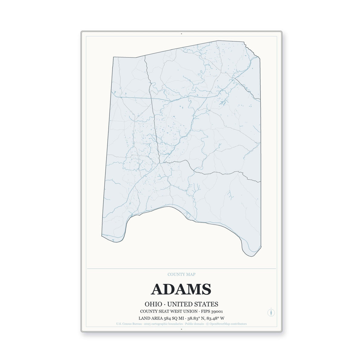 Adams County, Ohio Map Aluminum Sign in Gallery Air style