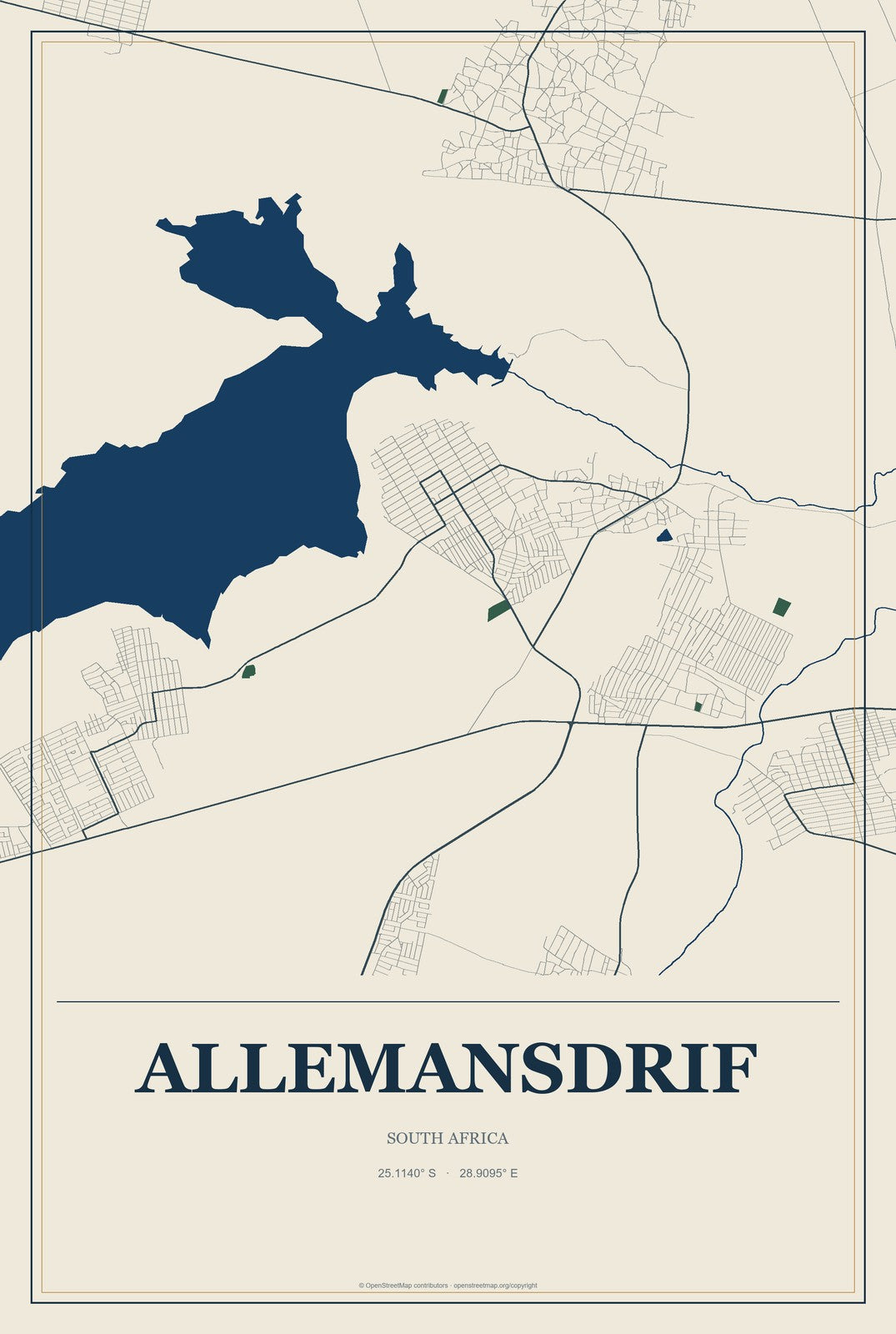 Allemansdrif, South Africa City Map Aluminum Sign in Coastal Cutout style