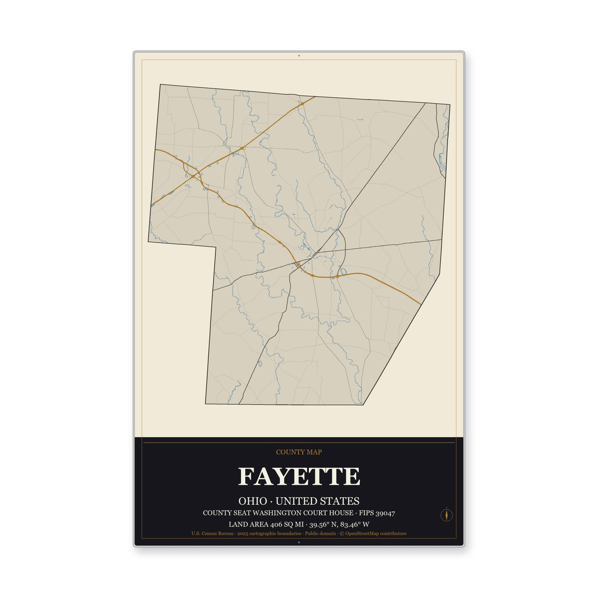 Fayette County, Ohio Map Aluminum Sign in Museum Plaque style