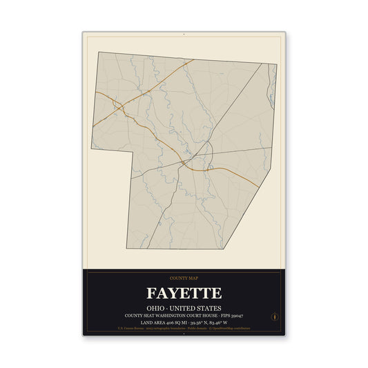 Fayette County, Ohio Map Aluminum Sign in Museum Plaque style