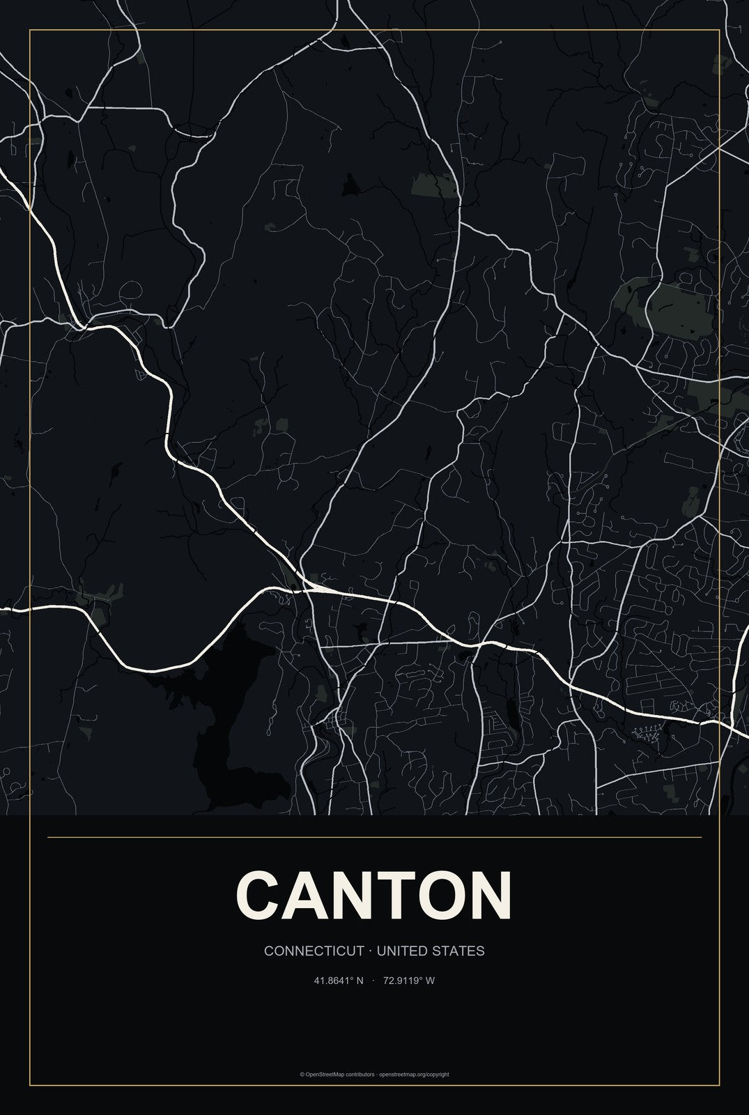 Canton, Connecticut City Map Aluminum Sign in Metropolitan Noir style