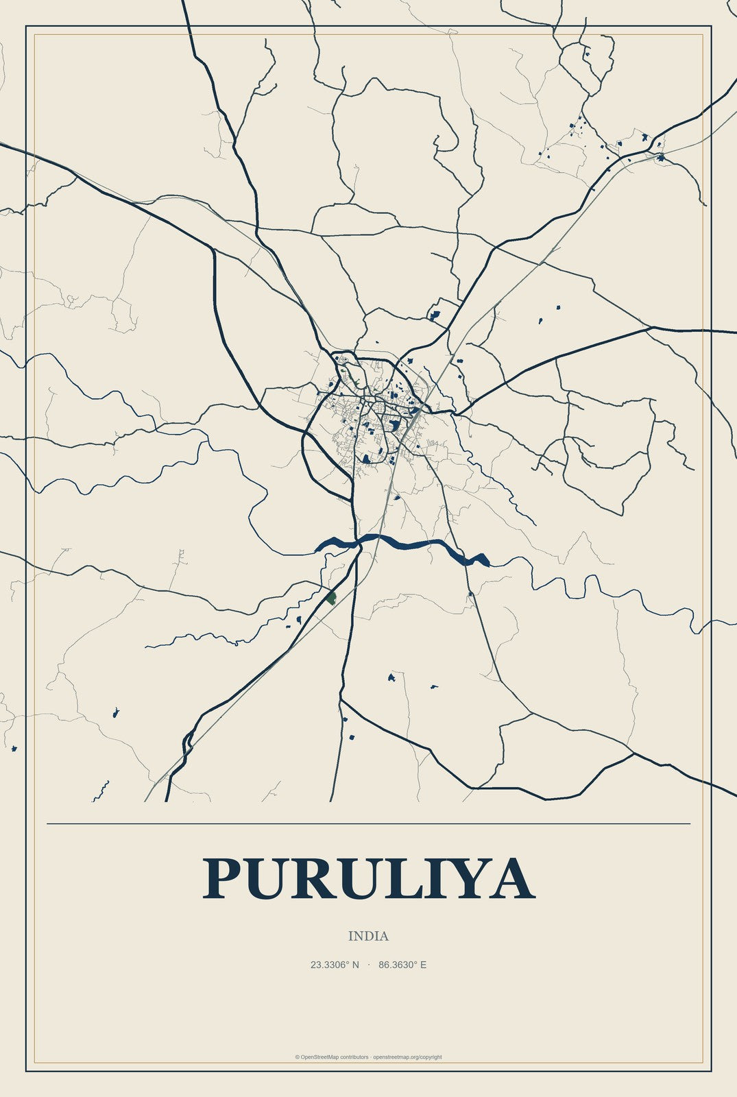 Puruliya, India City Map Aluminum Sign in Coastal Cutout style