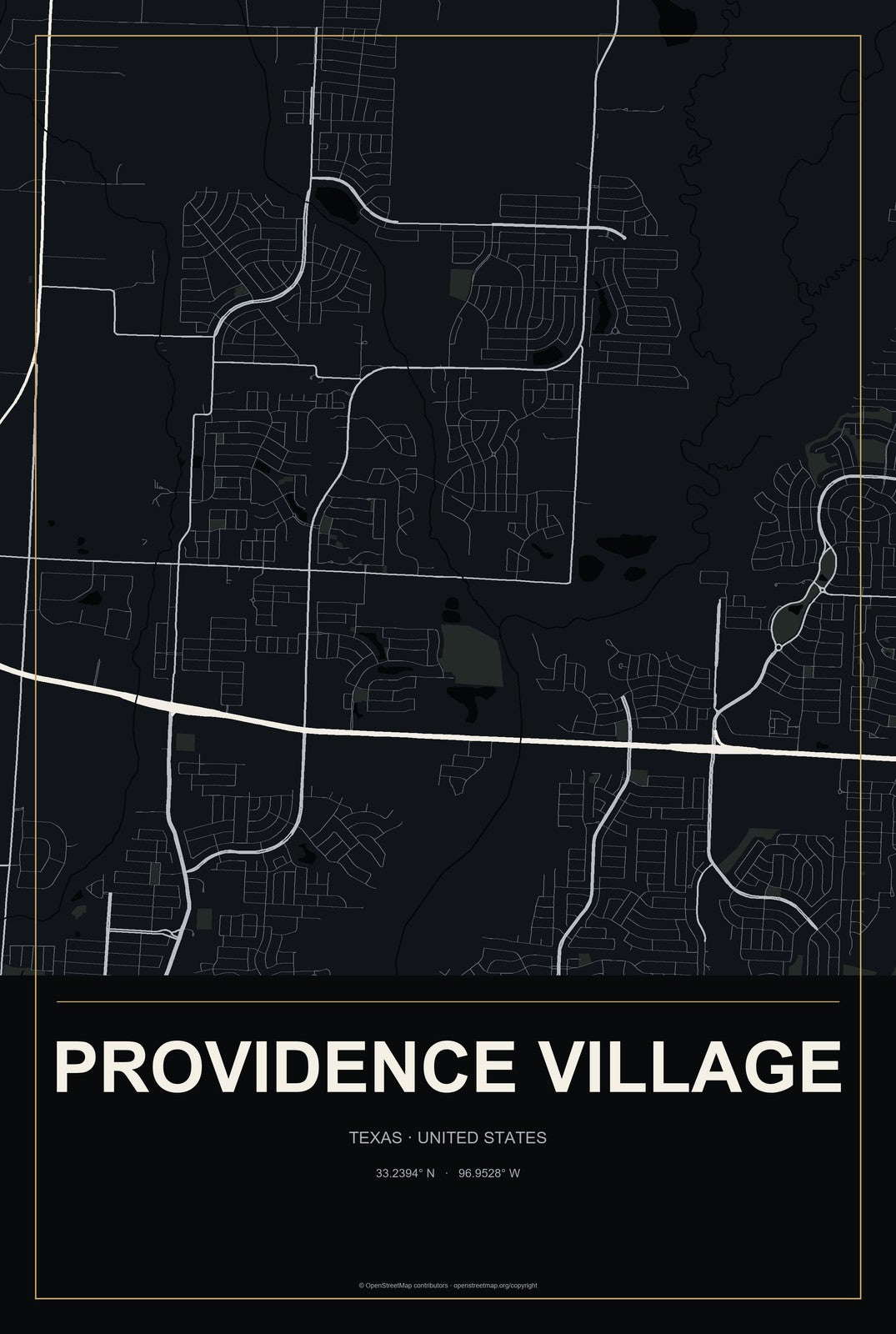 Providence Village, Texas City Map Aluminum Sign in Metropolitan Noir style
