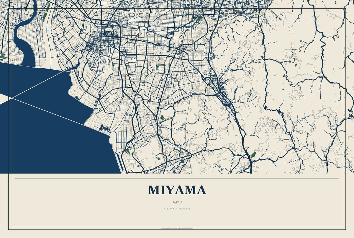 Miyama, Japan City Map Aluminum Sign in Coastal Cutout style
