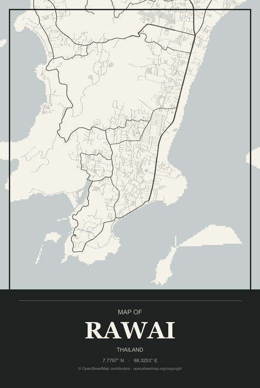 Rawai, Thailand City Map Aluminum Sign in Museum Plaque style