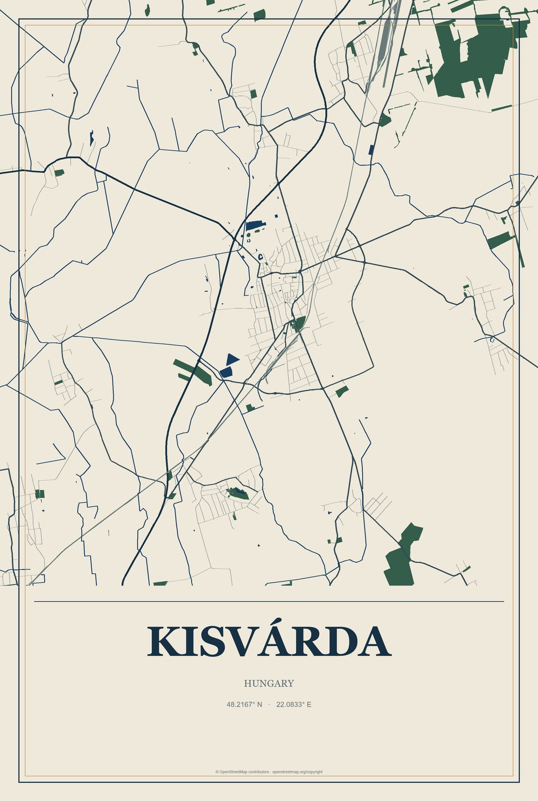 Kisvárda, Hungary City Map Aluminum Sign in Coastal Cutout style