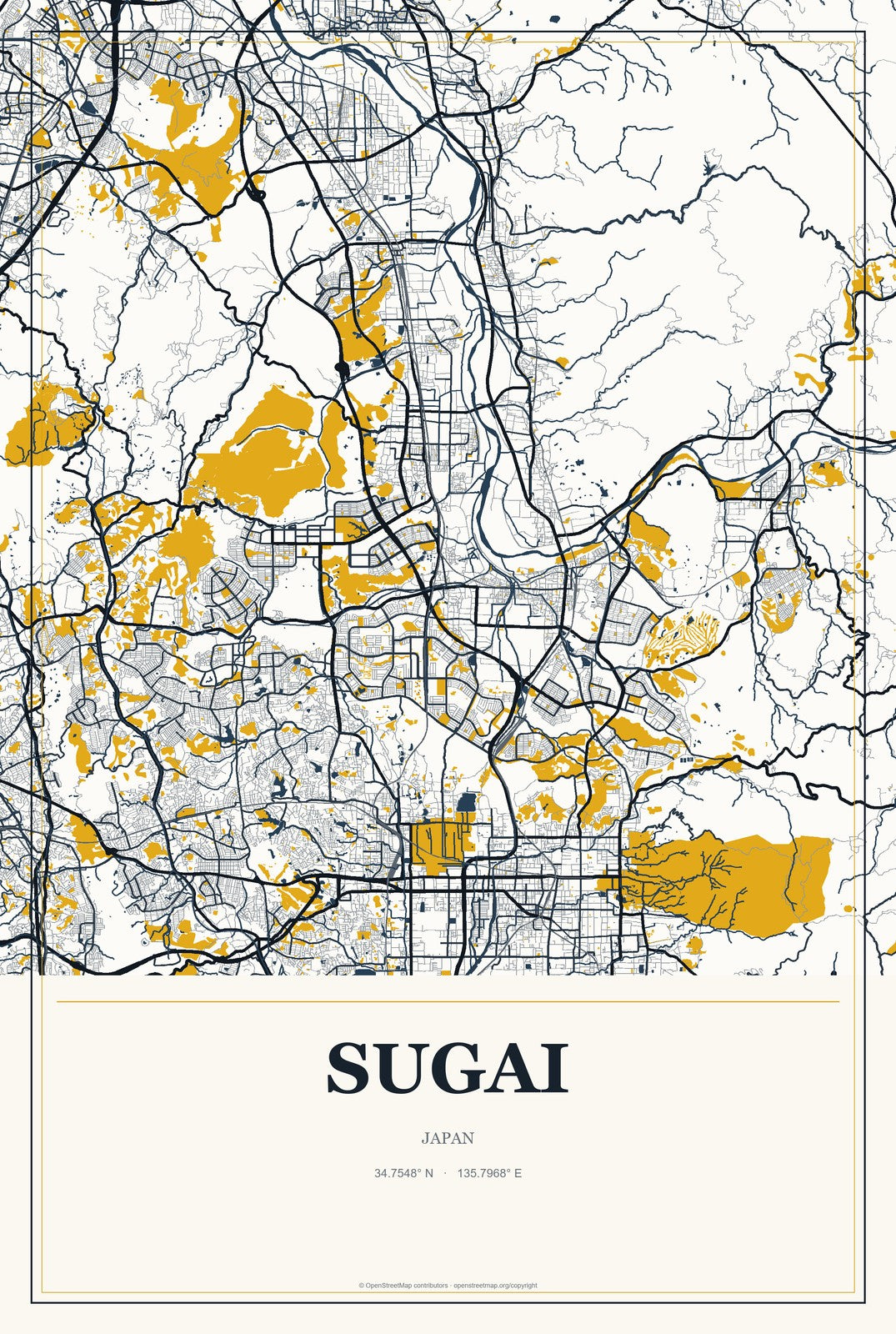 Sugai, Japan City Map Aluminum Sign in Citrine Modern style