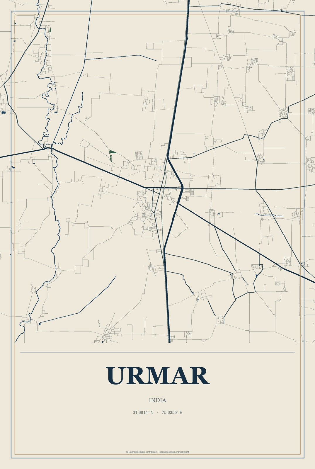 Urmar, India City Map Aluminum Sign in Coastal Cutout style