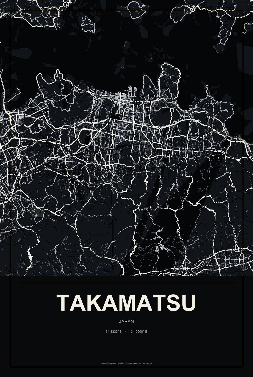 Takamatsu, Japan City Map Aluminum Sign in Metropolitan Noir style
