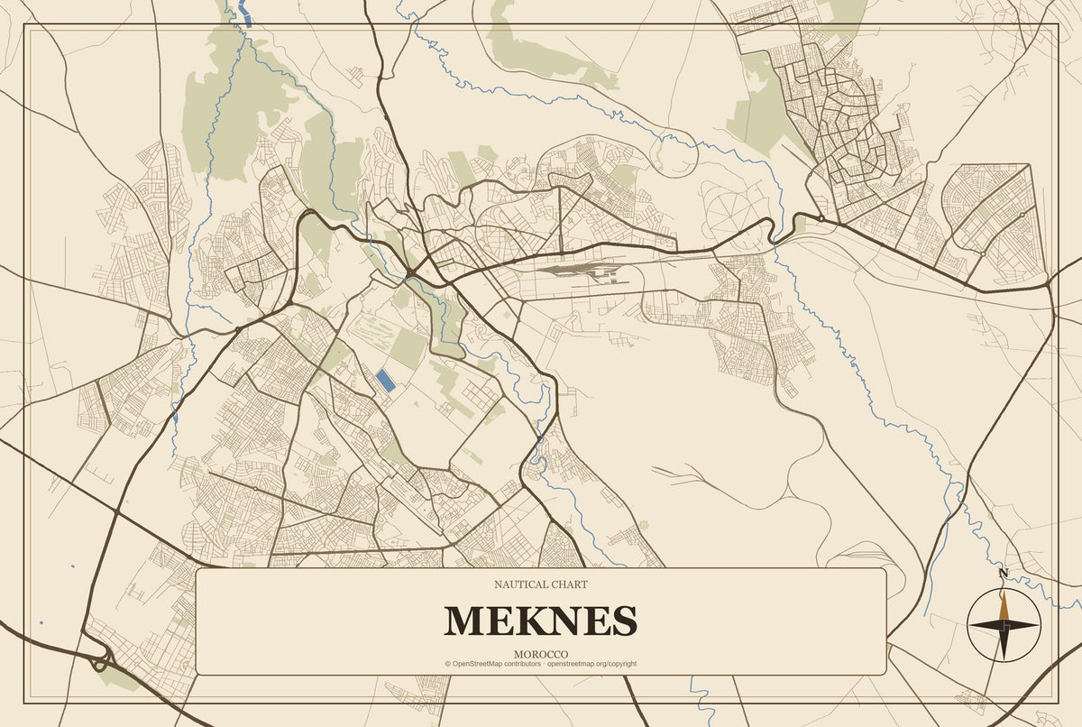 Meknes, Morocco City Map Aluminum Sign in Heritage Nautical style