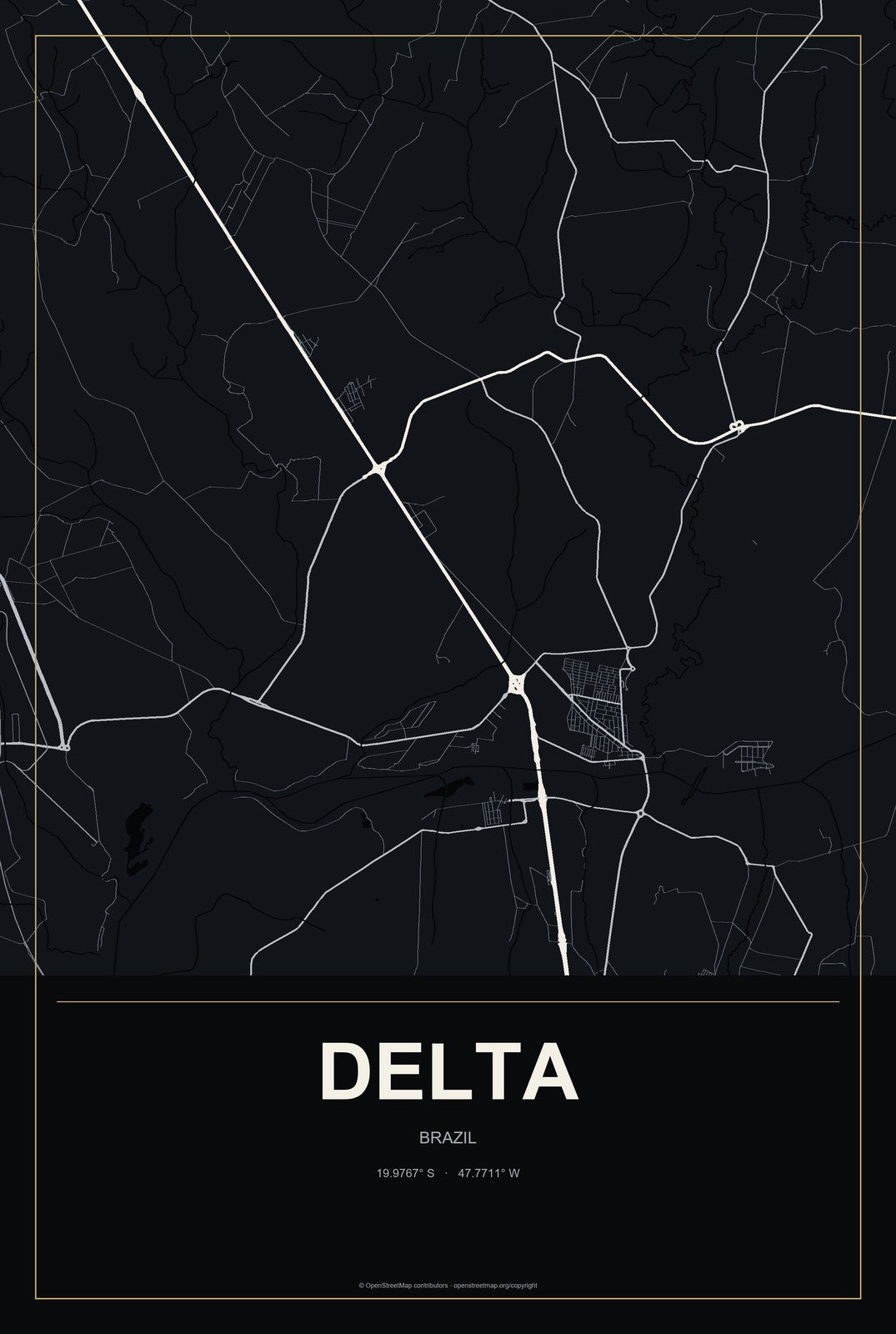 Delta, Brazil City Map Aluminum Sign in Metropolitan Noir style