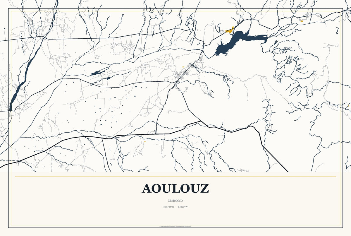 Aoulouz, Morocco City Map Aluminum Sign in Citrine Modern style