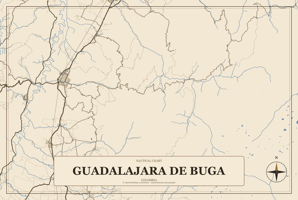 Guadalajara de Buga, Colombia City Map Aluminum Sign in Heritage Nautical style