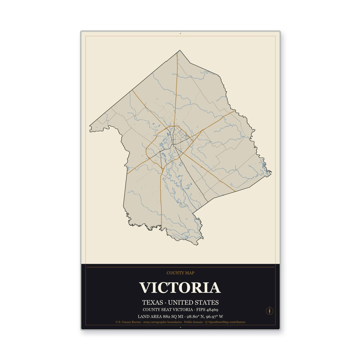 Victoria County, Texas Map Aluminum Sign in Museum Plaque style