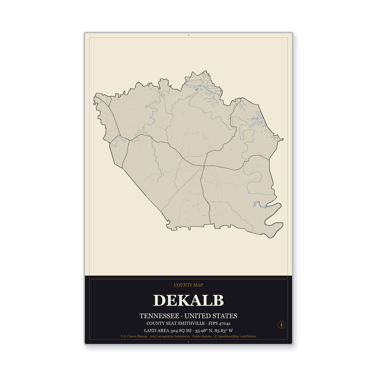 DeKalb County, Tennessee Map Aluminum Sign in Museum Plaque style