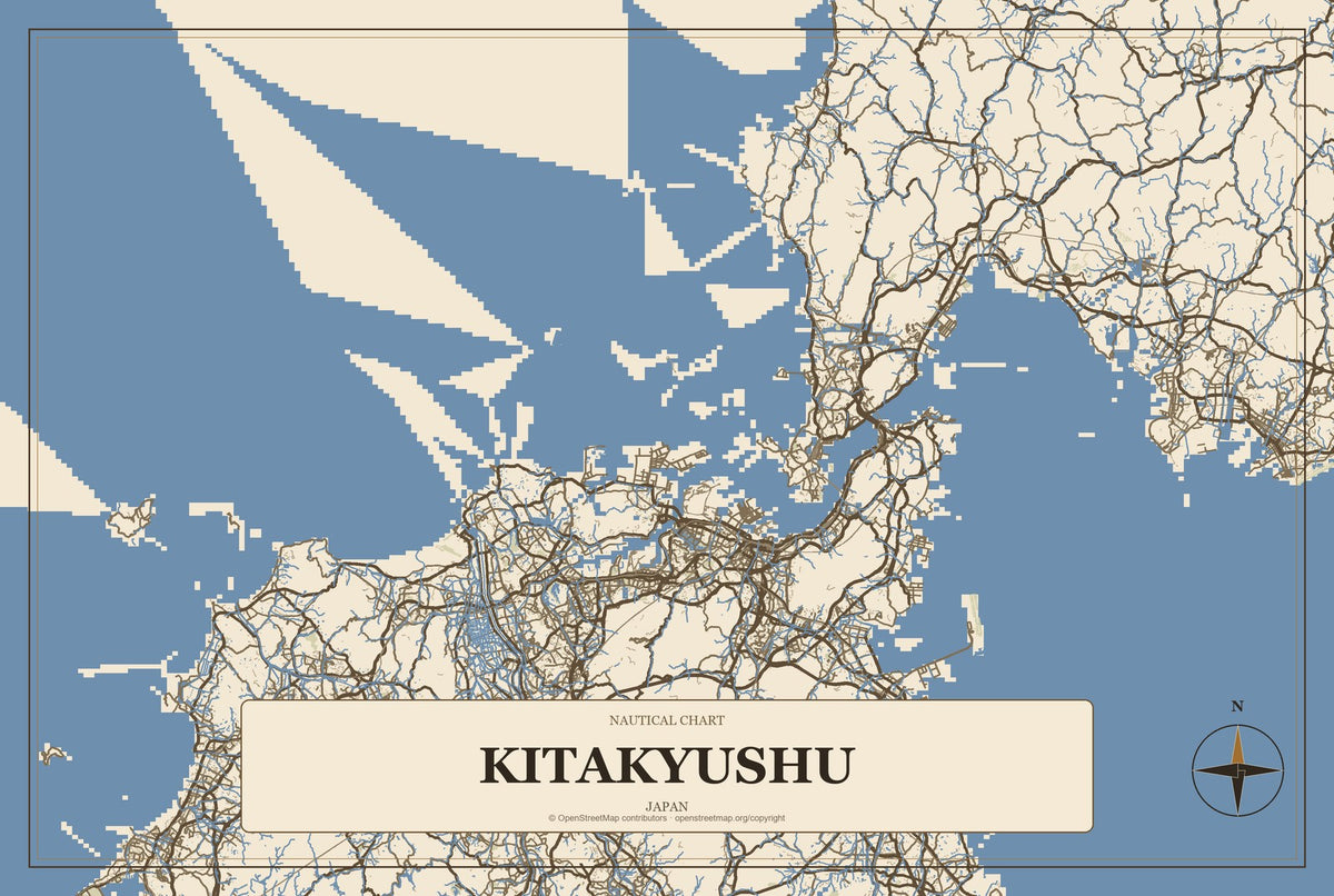 Kitakyushu, Japan City Map Aluminum Sign in Heritage Nautical style
