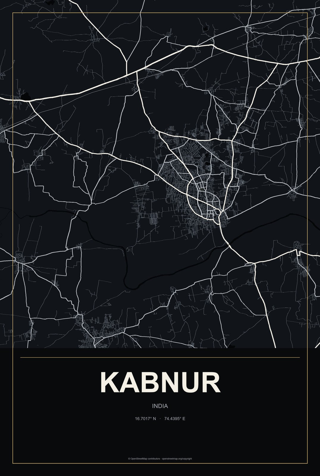 Kabnur, India City Map Aluminum Sign in Metropolitan Noir style