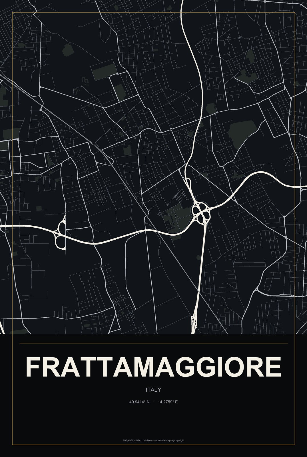 Frattamaggiore, Italy City Map Aluminum Sign in Metropolitan Noir style