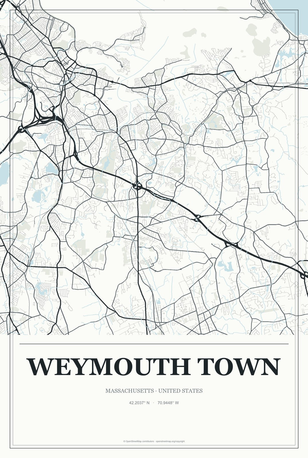 Weymouth Town, Massachusetts City Map Aluminum Sign in Gallery Air style