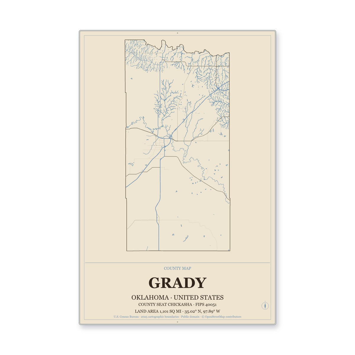 Grady County, Oklahoma Map Aluminum Sign in Heritage Nautical style