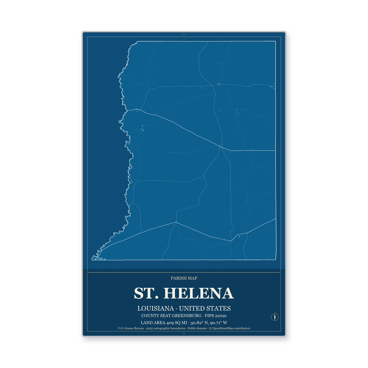 St. Helena Parish, Louisiana Map Aluminum Sign in Harbor Cobalt style