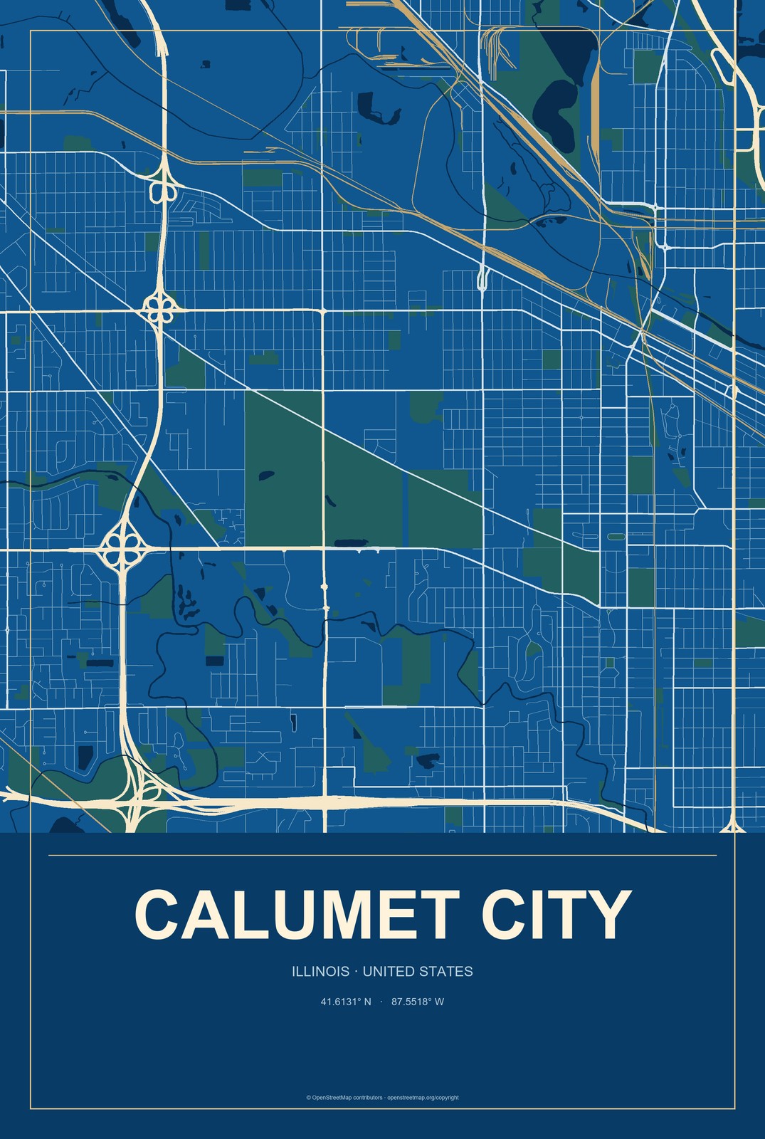 Calumet City, Illinois City Map Aluminum Sign in Harbor Cobalt style