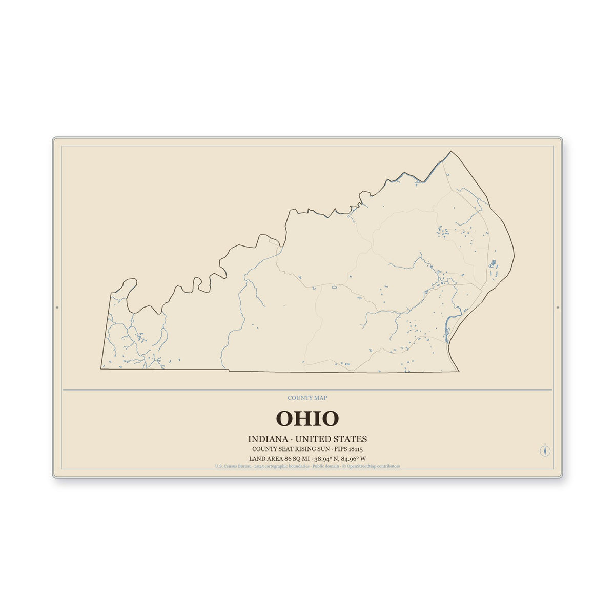 Ohio County, Indiana Map Aluminum Sign in Heritage Nautical style