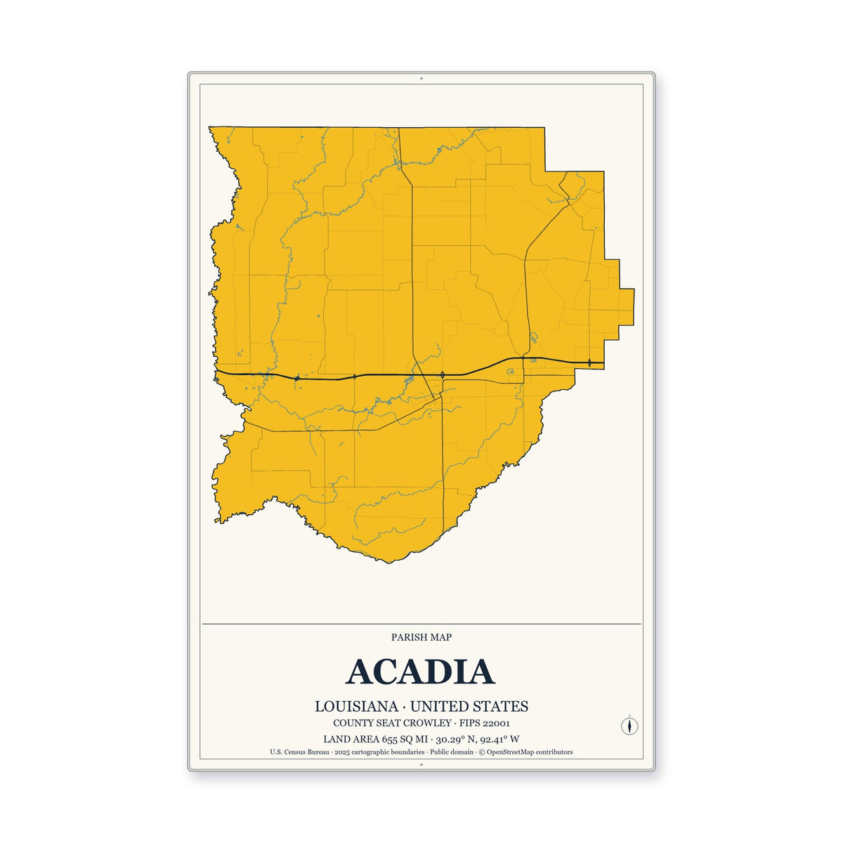 Acadia Parish, Louisiana Map Aluminum Sign in Citrine Modern style