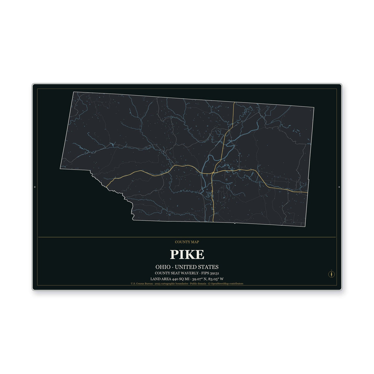 Pike County, Ohio Map Aluminum Sign in Metropolitan Noir style