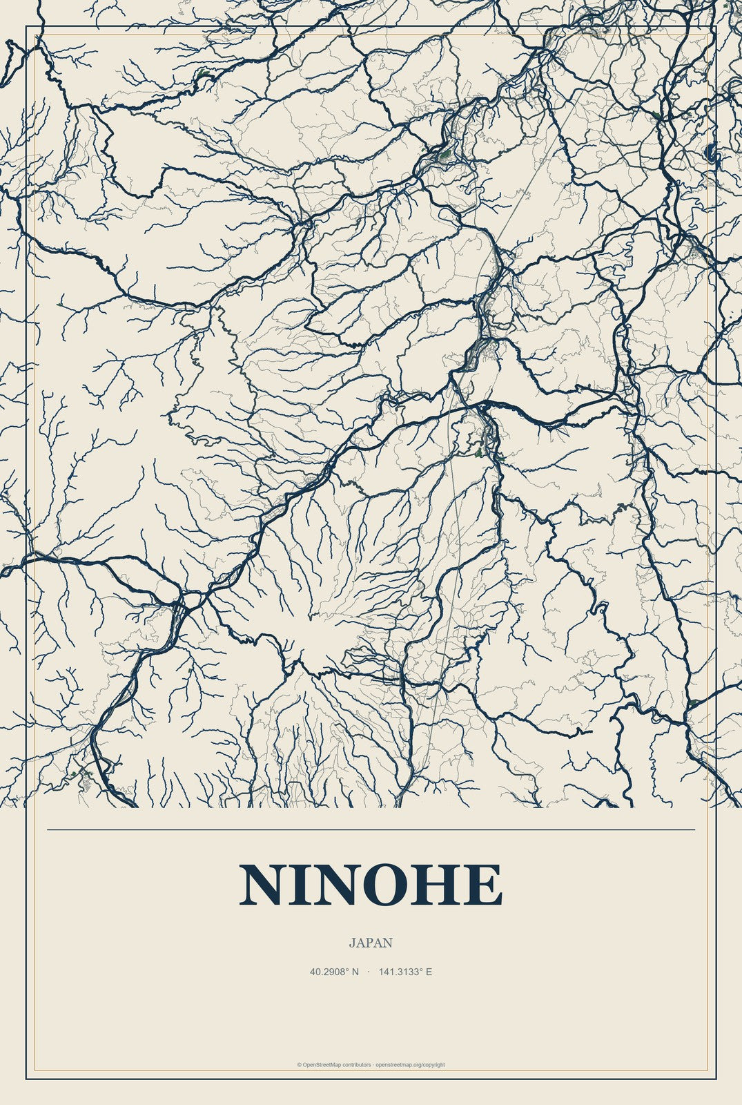 Ninohe, Japan City Map Aluminum Sign in Coastal Cutout style